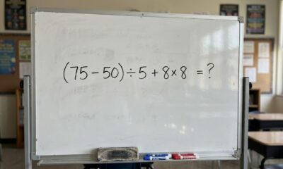 A maioria começa pela parte errada: (75 – 50) ÷ 5 + 8× 8
