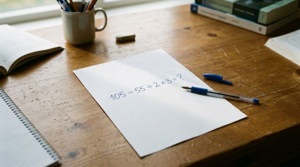Quem estudou matemática na escola deveria resolver: 105 − 55 ÷ 2 × 3