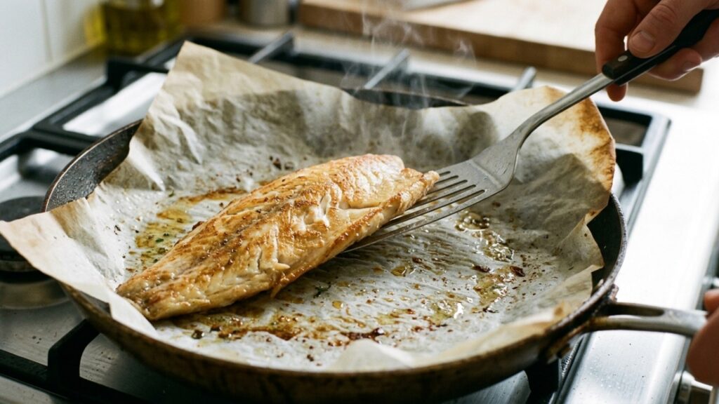 Chefs de cozinha explicam: "Para o peixe não grudar nem se desfazer na frigideira, o truque é untar o papel-manteiga com um pouco de azeite antes de cozinhar"