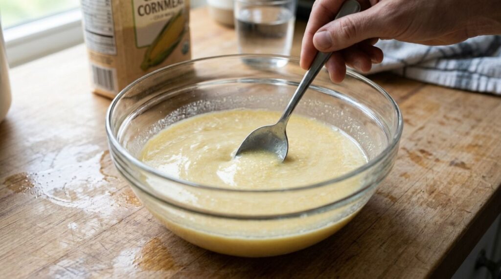 Chefs de cozinha afirmam: “Para a polenta ficar cremosa e sem pelotas, não despeje o fubá seco diretamente na água fervendo, mas dissolva primeiro em água fria e só depois leve ao fogo”