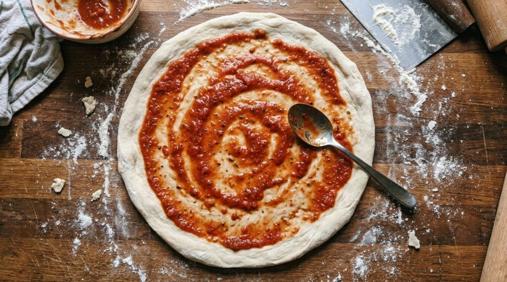 Chefs de cozinha concordam: “Para a pizza caseira ficar com a massa douradinha e não encharcar no centro, não espalhe molho em excesso, mas use uma camada fina antes de colocar o queijo”