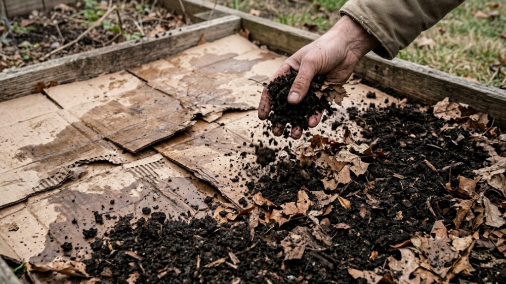 Jardineiros explicam por que colocar papelão sobre a terra durante o outono pode ajudar a preparar os canteiros para a próxima estação sem precisar arrancar toda a vegetação