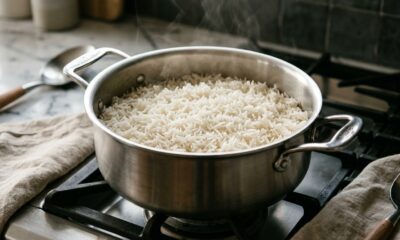 Panela de inox com arroz branco soltinho, grãos inteiros e bem separados, sobre um fogão em cozinha iluminada naturalmente. - Imagem ilustrativa criada por inteligência artificial