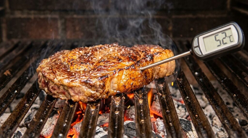Especialistas em carne revelam o segredo do bife ancho suculento: retire da churrasqueira a 52°C e deixe descansar para obter um ponto malpassado suculento