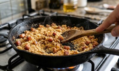 Desta vez, os chefs concordam: "Para a farofa de bacon ficar crocante, não coloque tudo na panela de uma vez, mas doure primeiro o bacon e acrescente a farinha aos poucos”