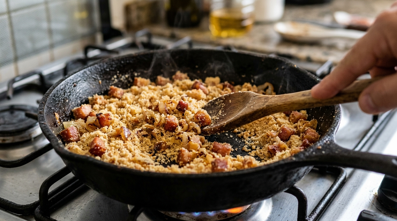 Desta vez, os chefs concordam: "Para a farofa de bacon ficar crocante, não coloque tudo na panela de uma vez, mas doure primeiro o bacon e acrescente a farinha aos poucos”