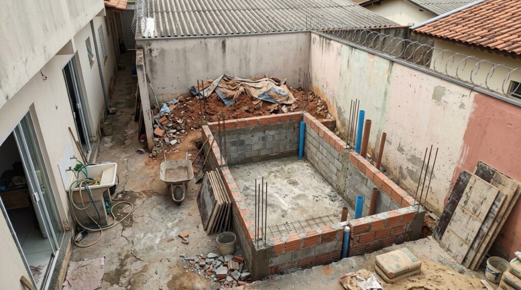 Construção de piscina de 2 × 3 metros em quintal pequeno, com escavação, estrutura de alvenaria e terra acumulada ao lado. - Imagem ilustrativa criada por inteligência artificial