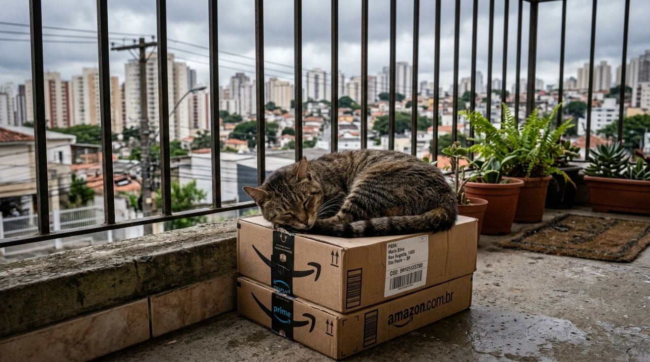 Gato é encontrado enrolado em pacote da Amazon, mas meses depois ainda espera pela família que pode mudar sua vida