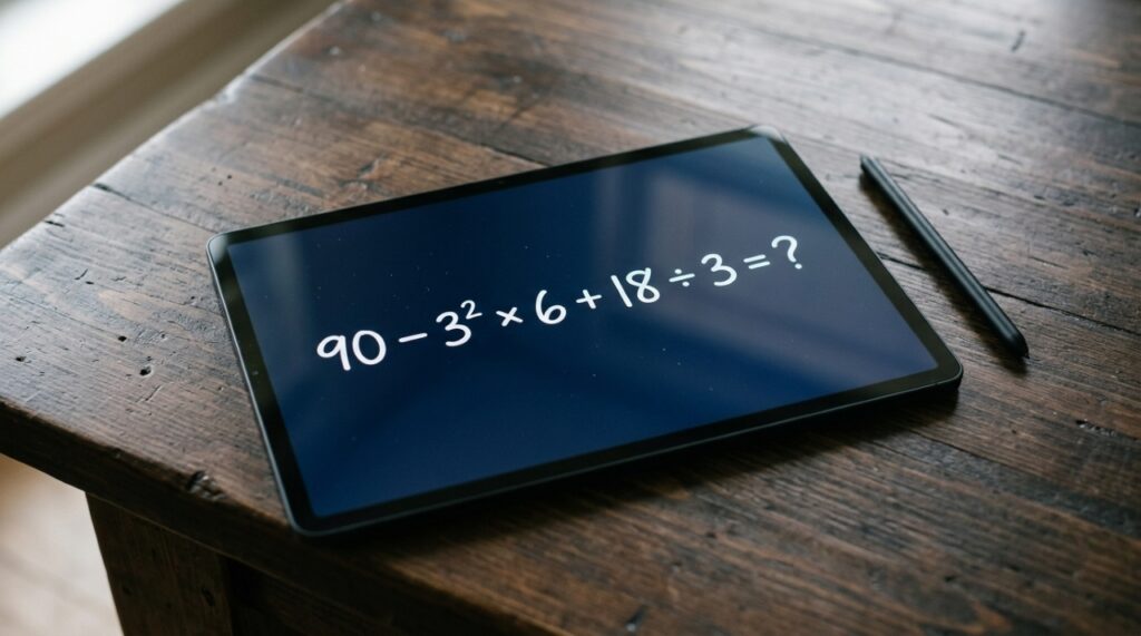 Tablet preto sobre mesa de madeira escura exibindo a expressão 90 − 3² × 6 + 18 ÷ 3 = ? em letras brancas, representando um desafio de raciocínio matemático. - Imagem ilustrativa criada por inteligência artificial