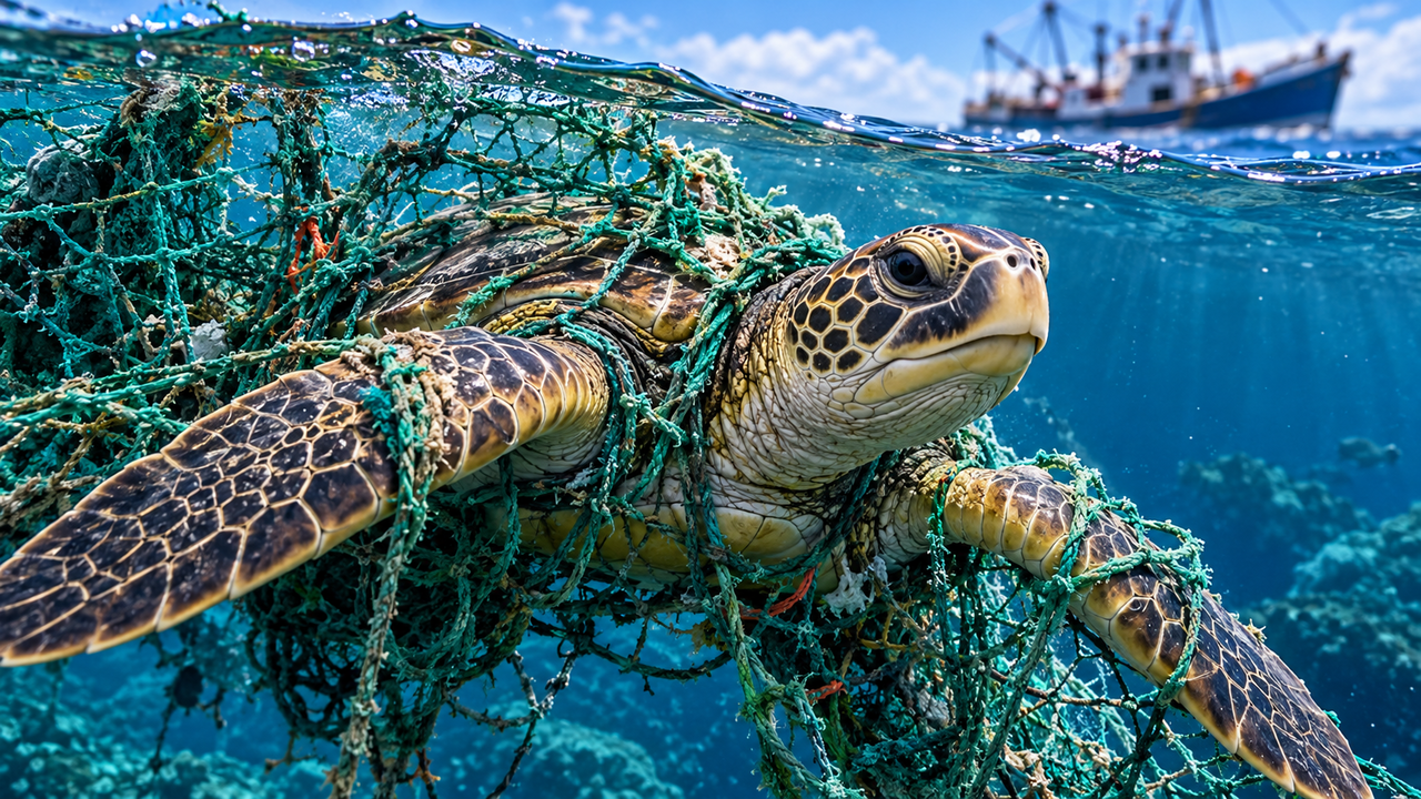 Uma tartaruga marinha com mais de 100 anos é encontrada no oceano com marcas de antigas redes de pesca que revelam os perigos enfrentados pelos animais durante décadas