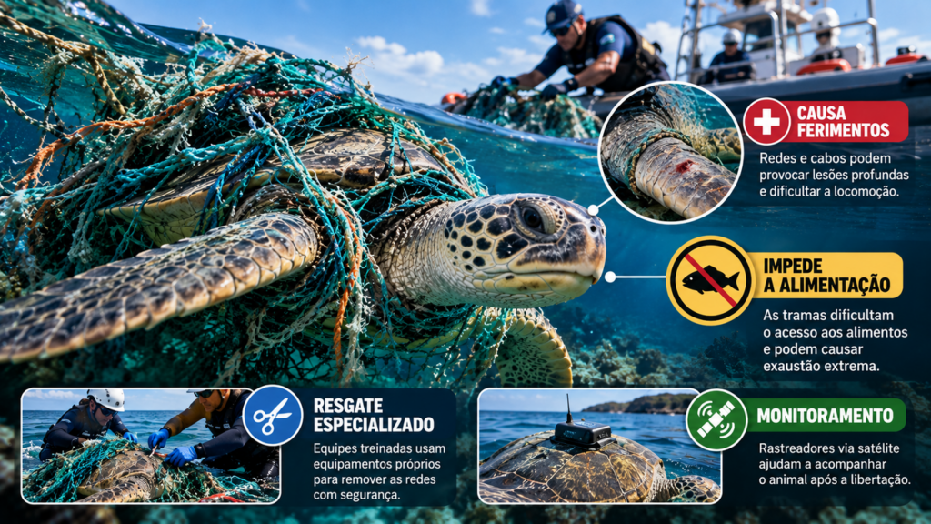Uma tartaruga marinha com mais de 100 anos é encontrada no oceano com marcas de antigas redes de pesca que revelam os perigos enfrentados pelos animais durante décadas