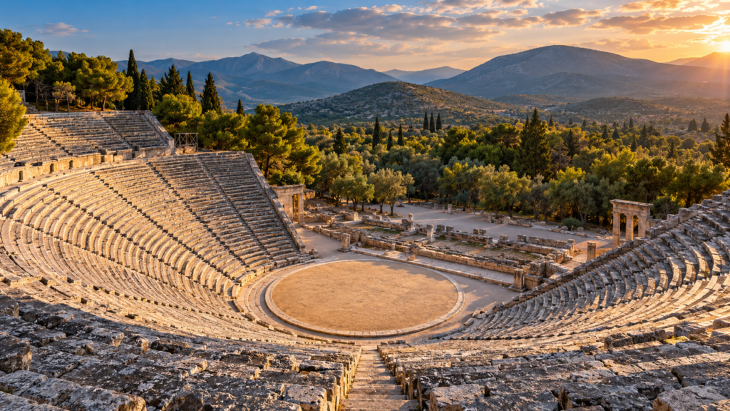 Construído no século I a.C. para cerimônias religiosas e grandes eventos públicos, o Teatro de Epidauro atravessou mais de 2.000 anos e se tornou um dos maiores símbolos da arquitetura grega