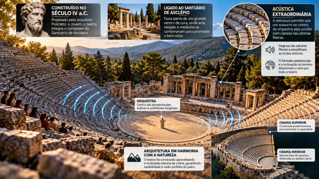 Construído no século I a.C. para cerimônias religiosas e grandes eventos públicos, o Teatro de Epidauro atravessou mais de 2.000 anos e se tornou um dos maiores símbolos da arquitetura grega