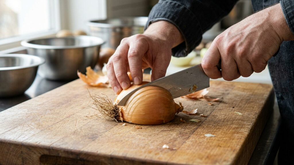 O segredo simples dos chefs para fatiar cebolas fininho na tábua sem chorar e sem deixar a lâmina da faca escorregar