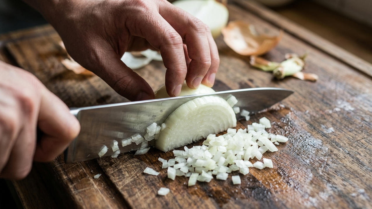 O segredo simples dos chefs para fatiar cebolas fininho na tábua sem chorar e sem deixar a lâmina da faca escorregar