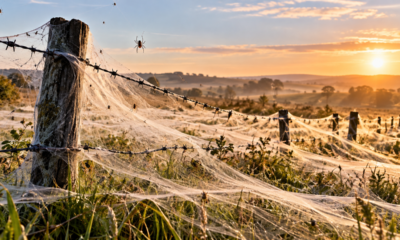 Milhares de aranhas surgem de repente em campos e cercas e criam enormes mantos de seda que cobrem a vegetação durante um fenômeno natural raro provocado por ventos e mudanças nas condições ambientais