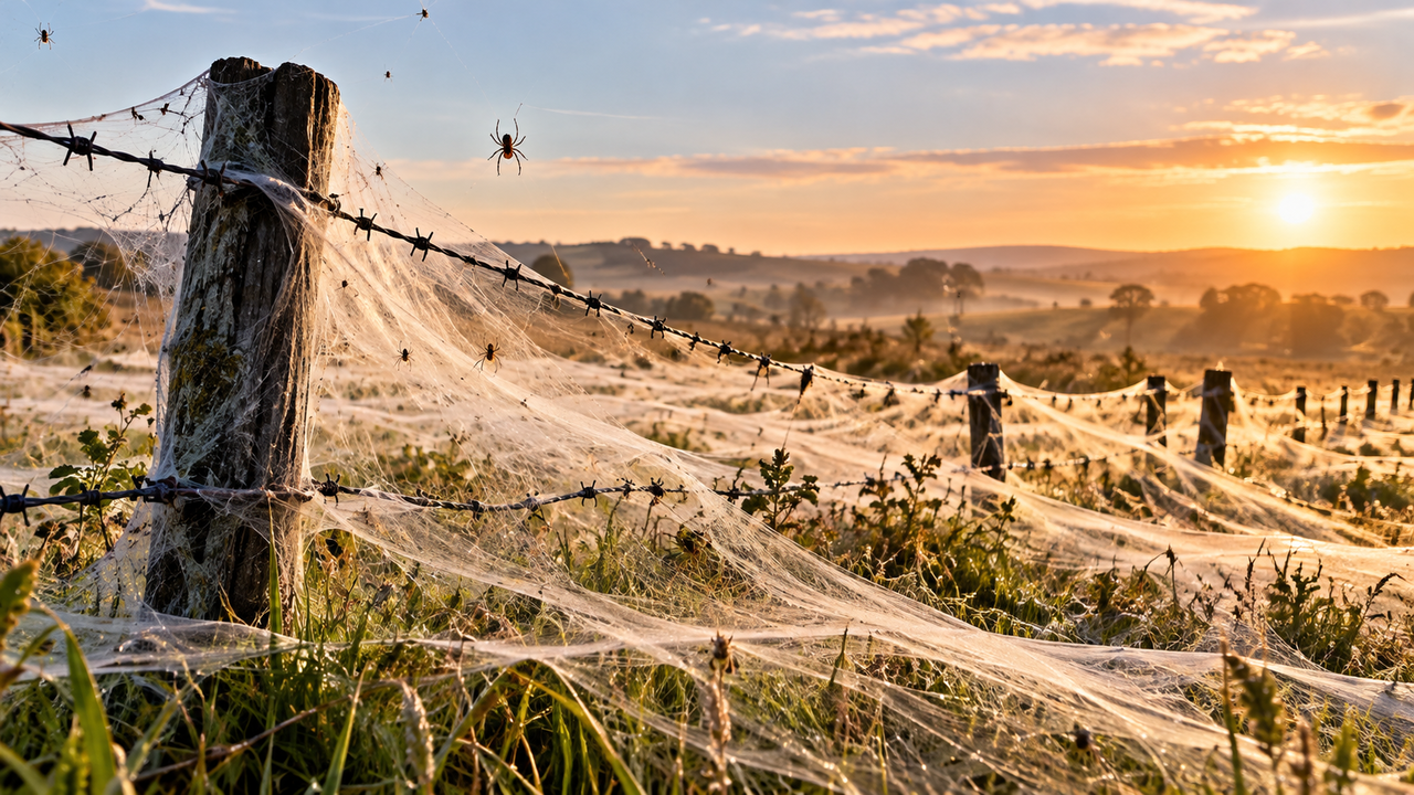 Milhares de aranhas surgem de repente em campos e cercas e criam enormes mantos de seda que cobrem a vegetação durante um fenômeno natural raro provocado por ventos e mudanças nas condições ambientais