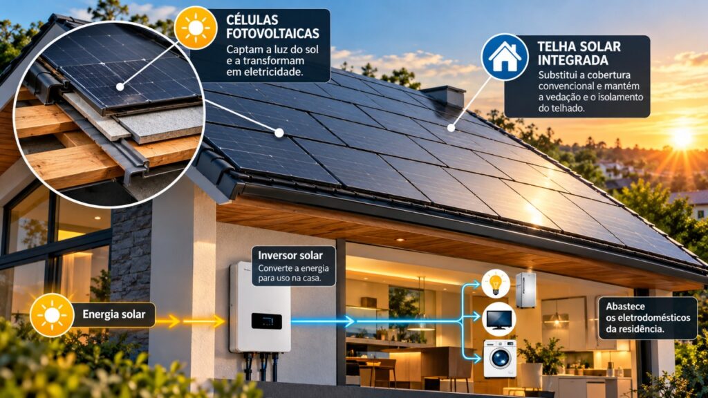 O telhado feito com placas solares integradas substitui parte da cobertura convencional e combina geração de energia com a arquitetura da casa