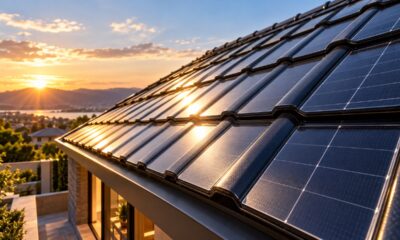 O telhado feito com placas solares integradas substitui parte da cobertura convencional e combina geração de energia com a arquitetura da casa