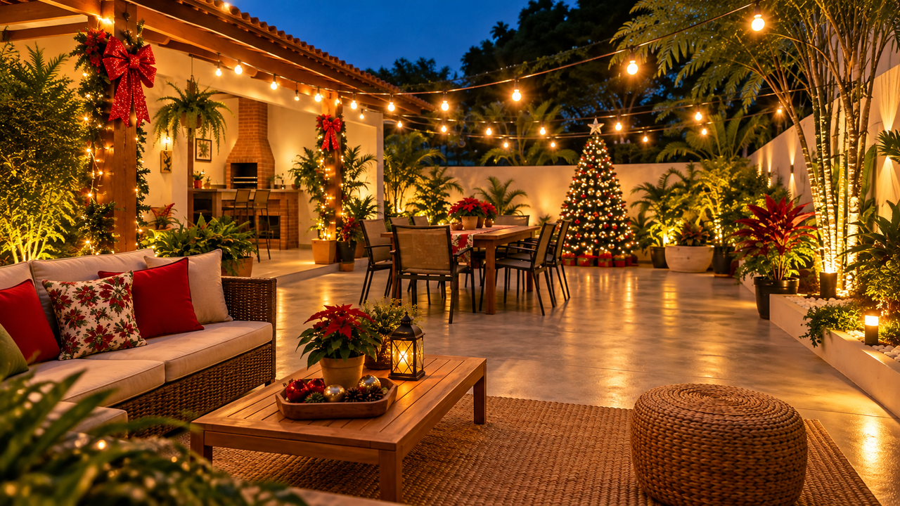 Reforma transforma um quintal simples em um espaço encantador para as festas de fim de ano, com piso renovado e luzes decorativas que mudam completamente a aparência da área externa