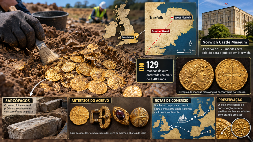 Um tesouro com centenas de moedas de ouro permaneceu escondido por quase 1.000 anos até ser encontrado perto de um antigo castelo que pode revelar a riqueza acumulada durante a Idade Média