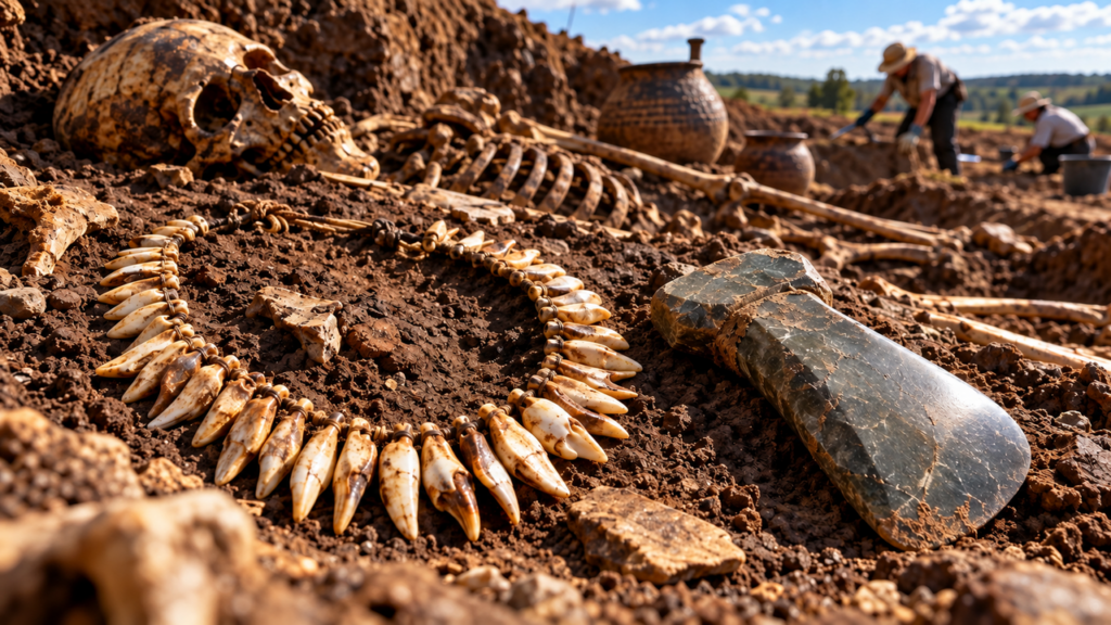 Arqueólogos abrem sepultamento de quase 5 mil anos e encontram um colar com 42 dentes de animais e um machado raro