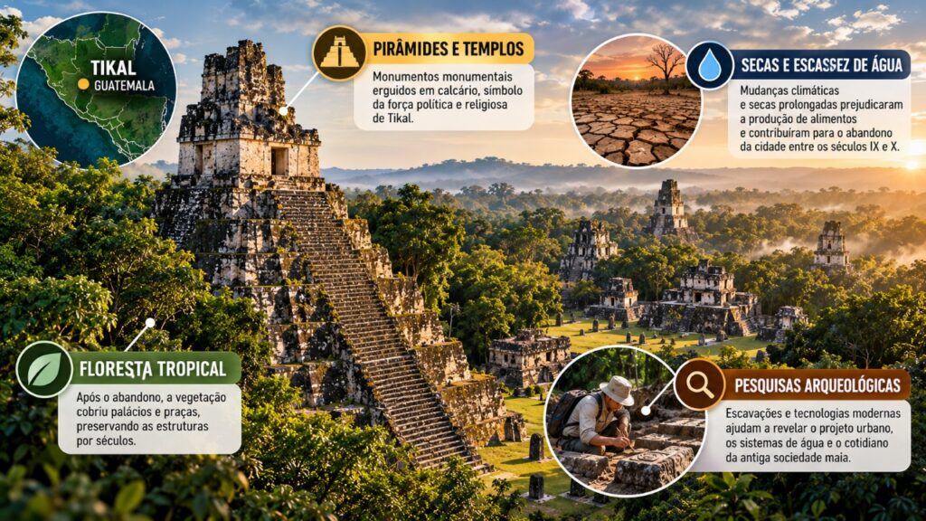 A cidade maia de Tikal foi abandonada por seus antigos habitantes e suas construções monumentais permaneceram escondidas pela floresta durante séculos