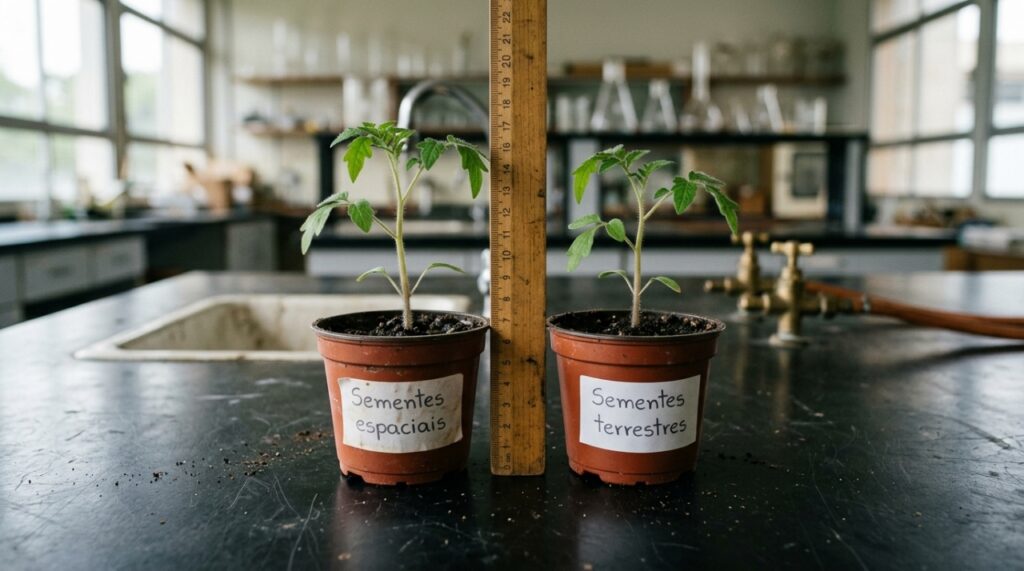 Dois vasos com mudas de tomate identificados como sementes espaciais e terrestres, acompanhados de uma régua para medir o crescimento em laboratório escolar. - Imagem ilustrativa criada por inteligência artificial