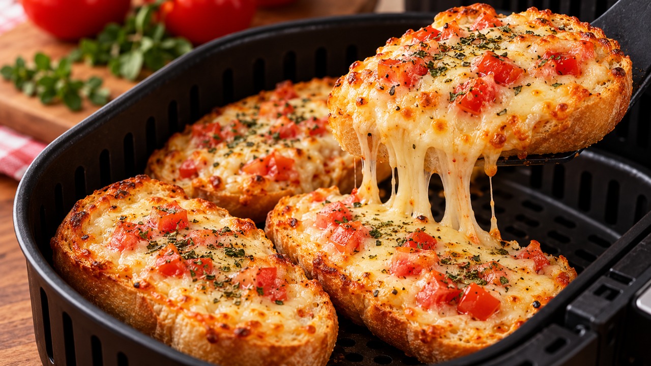 Nem pizzaria nem delivery: essa pizza de pão francês na air fryer fica com queijo borbulhando, bordas crocantes e recheio saboroso, sendo perfeita para aproveitar o que já tem na geladeira