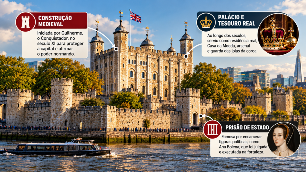 Erguida no século XII, a Torre de Londres atravessou conflitos, execuções, períodos de prisão e mudanças no poder britânico, transformando-se em um dos complexos históricos mais conhecidos da Inglaterra, com muralhas medievais, torres defensivas e espaços que guardam parte da história da monarquia inglesa