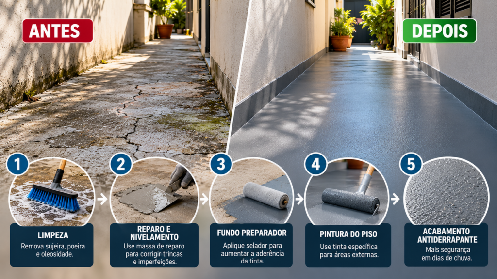 Como recuperar o piso desgastado do corredor lateral da casa e criar um acabamento mais uniforme, resistente às intempéries e fácil de limpar com uma pintura feita da maneira correta