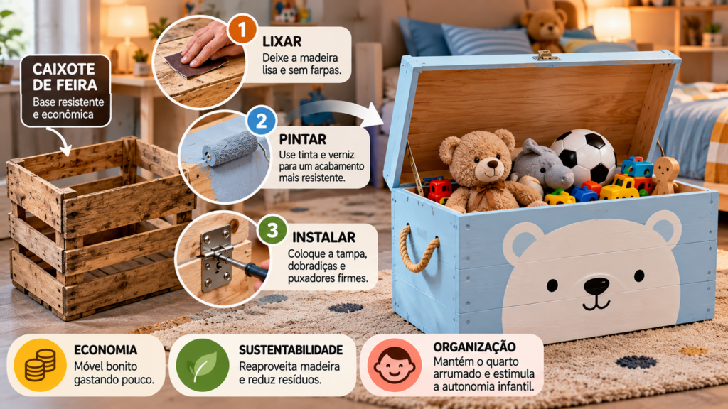 Morador transforma caixote de feira em baú de brinquedos com menos de R$ 50 e o resultado parece de loja