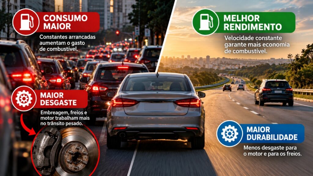 Motorista precisa escolher entre rodar mais quilômetros ou enfrentar o trânsito de para e arranca e descobre como cada trajeto interfere no consumo de combustível e no desgaste das peças do carro
