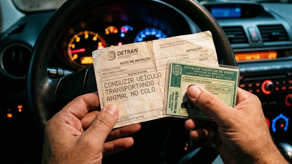 Motorista viaja com cachorro no colo ao volante, é flagrado pela polícia e recebe multa de R$ 130 reais além de 4 pontos na CNH