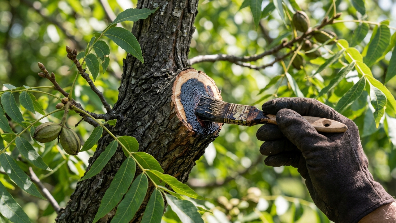 Extrato de casca de noz-pecã nos galhos: como a alta concentração de taninos naturais age como um cicatrizante protetor após as podas no jardim