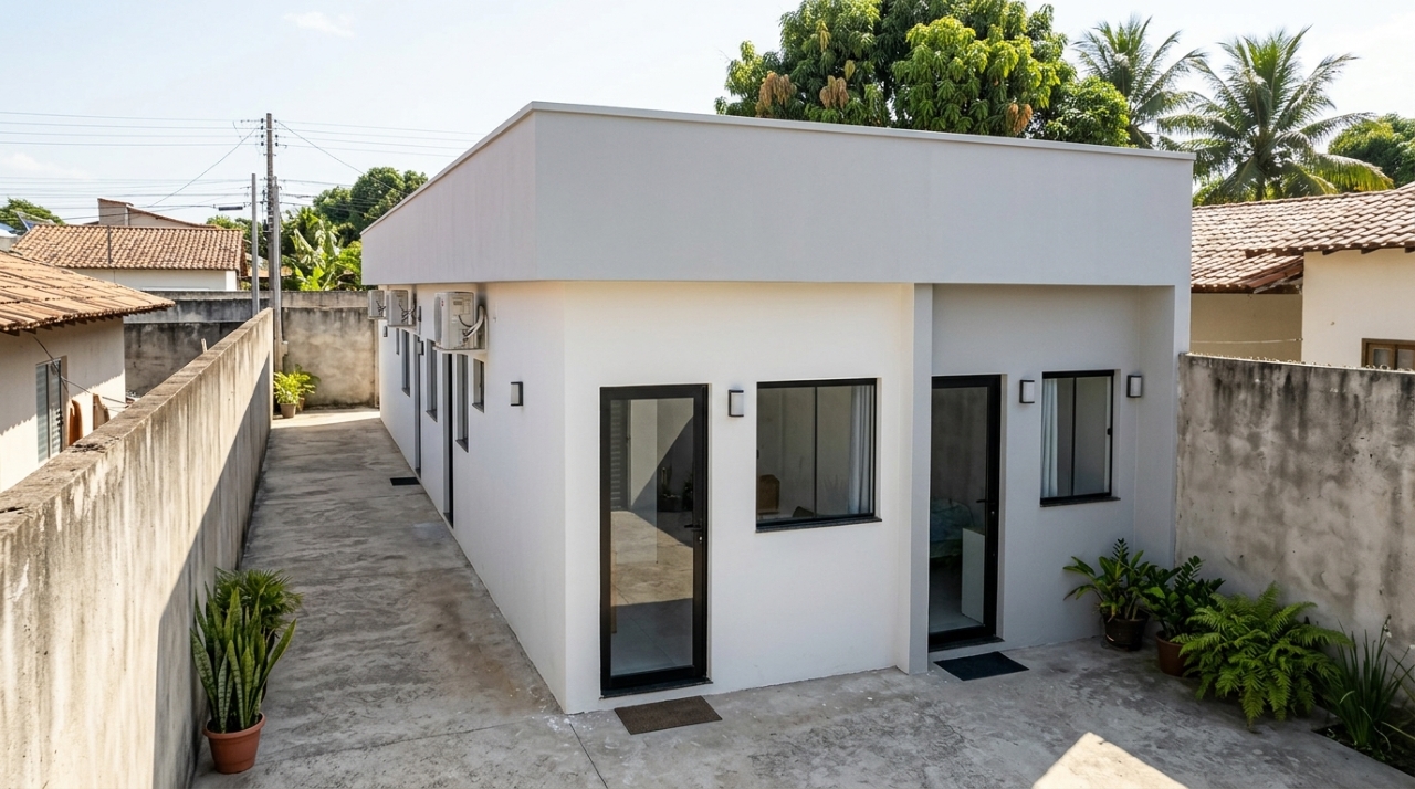 Duas kitnets térreas compactas com entradas independentes, fachadas brancas e cinzas e corredor de concreto em terreno residencial brasileiro. - Imagem ilustrativa criada por inteligência artificial
