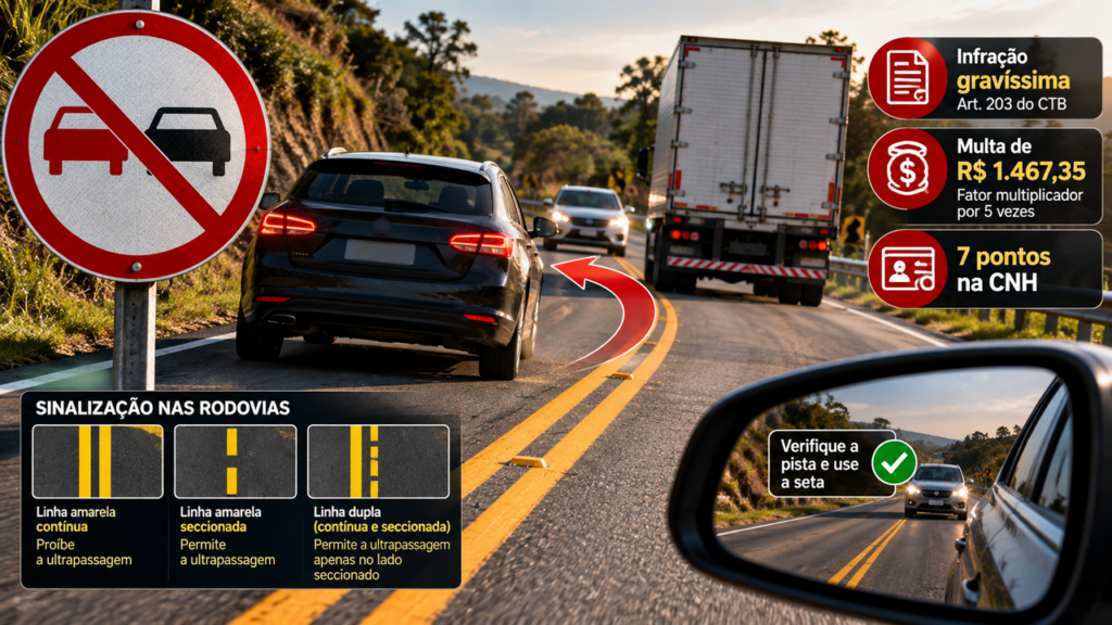 Motoristas fazem isso nas estradas sem imaginar a punição: multa de R$ 1.467 e 7 pontos na CNH por ultrapassagem pela contramão