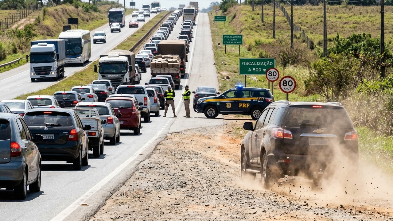 Motorista corta fila pelo acostamento em feriado congestionado, é flagrado pela polícia e recebe multa gravíssima multiplicada de R$ 1.467