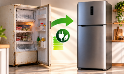 Família substitui uma geladeira antiga por um modelo mais eficiente na cozinha e descobre como a troca pode diminuir o consumo de eletricidade sem comprometer a conservação dos alimentos