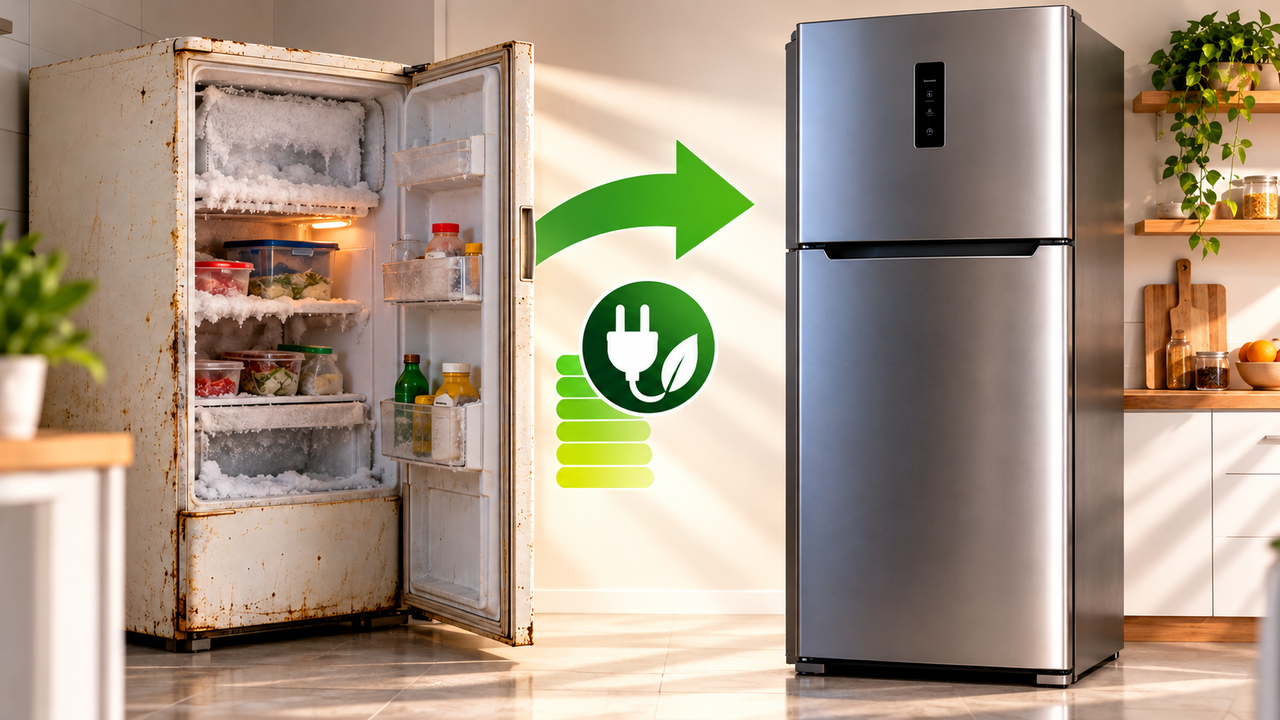 Família substitui uma geladeira antiga por um modelo mais eficiente na cozinha e descobre como a troca pode diminuir o consumo de eletricidade sem comprometer a conservação dos alimentos