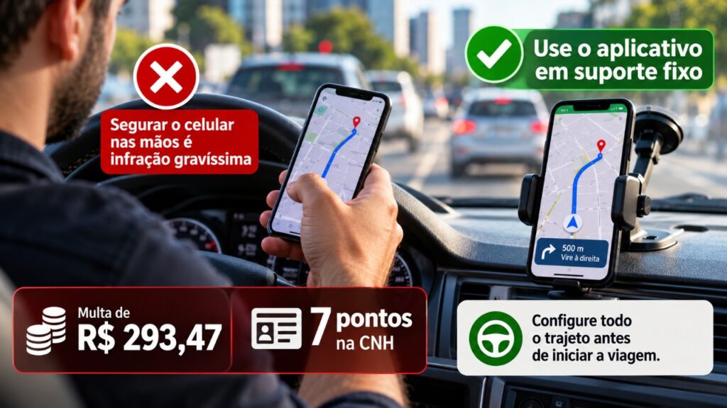 Motorista segura o celular para consultar o GPS durante uma viagem pela rodovia, é parado em uma fiscalização e descobre que o hábito pode render multa de R$ 293,47 e 7 pontos na CNH