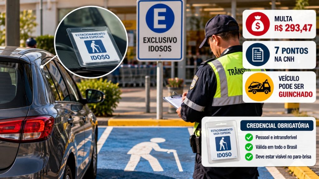 Dono de automóvel estaciona em uma vaga reservada para idosos porque pretende resolver um problema em poucos minutos, é surpreendido por um agente de trânsito e descobre que ocupar o espaço sem credencial pode gerar multa de R$ 293,47 e 7 pontos na CNH