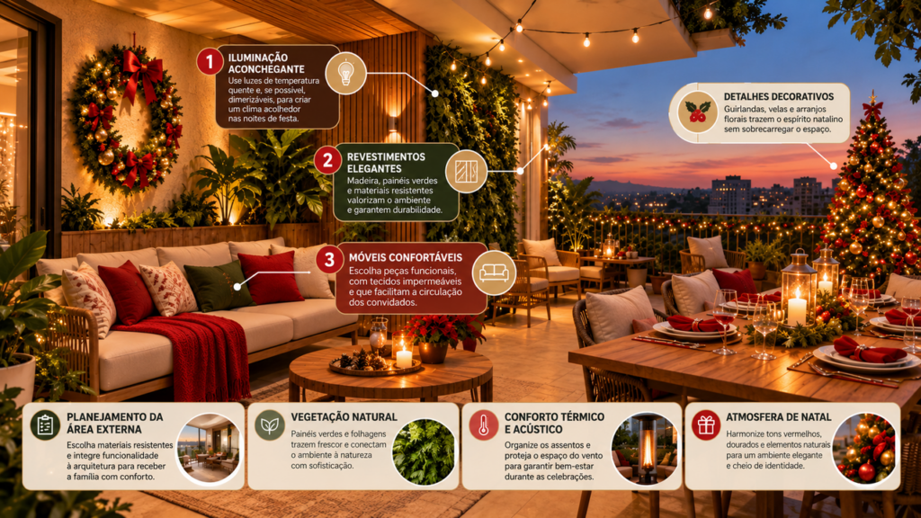Reforma transforma varanda simples em um ambiente sofisticado para o Natal, com iluminação aconchegante e acabamentos que mudam completamente a aparência da área externa