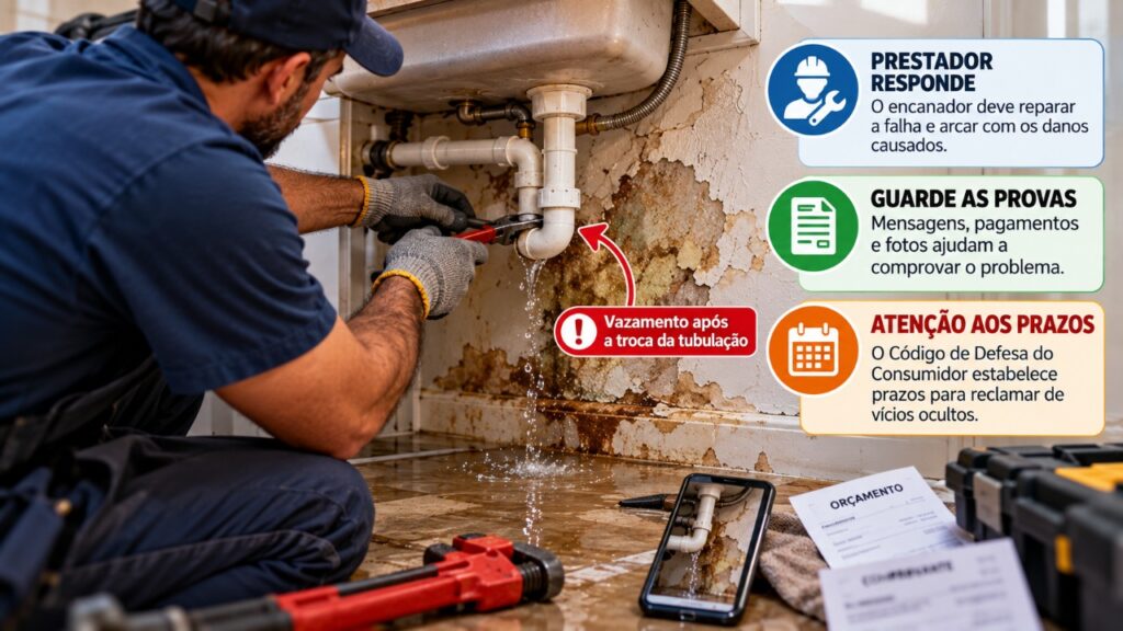 Encanador indicado por um amigo cobra R$ 1.500 para trocar os canos da cozinha, poucos dias depois uma infiltração atinge a parede da sala e o morador descobre quem pode responder pelos danos causados durante o reparo