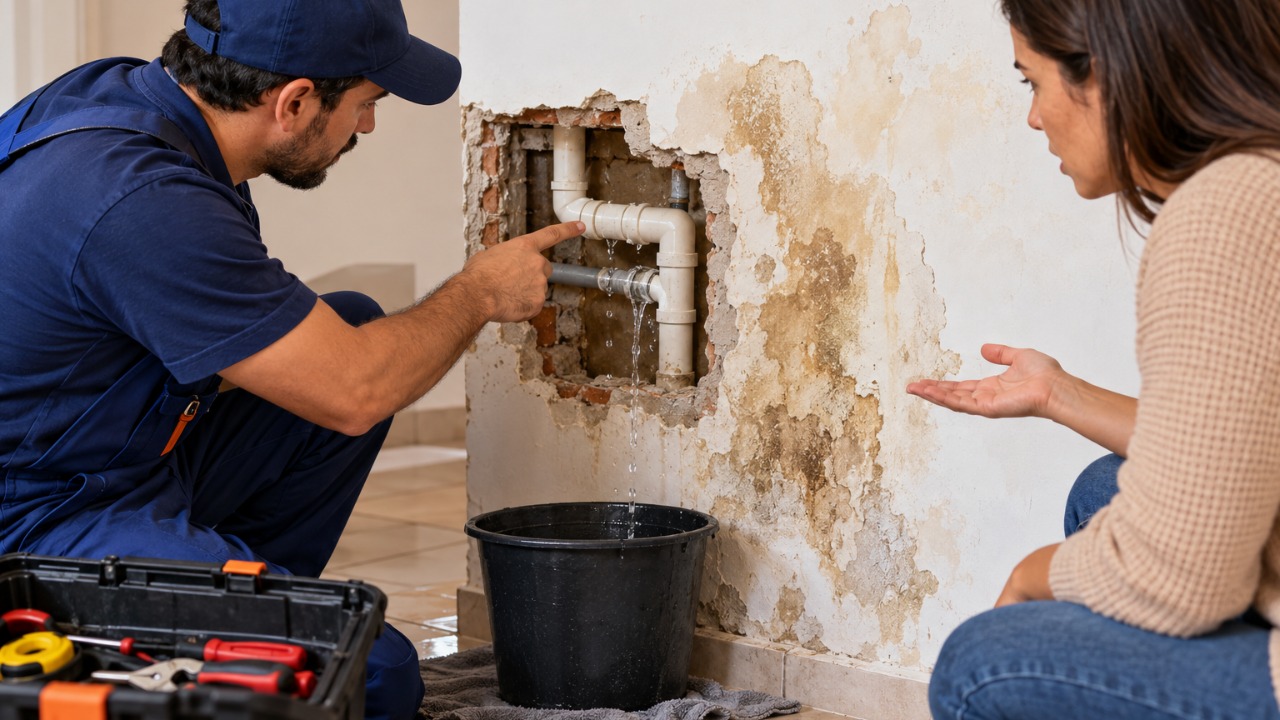 Encanador indicado por um amigo cobra R$ 1.500 para trocar os canos da cozinha, poucos dias depois uma infiltração atinge a parede da sala e o morador descobre quem pode responder pelos danos causados durante o reparo