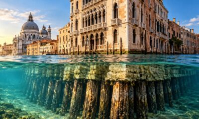 Erguido sobre milhares de pilares de madeira em uma lagoa, Veneza desenvolveu palácios de pedra, canais e fundações adaptadas a um terreno instável, criando uma estrutura urbana que atravessou séculos e continua enfrentando o desafio de conservar seus edifícios diante da elevação do nível do mar