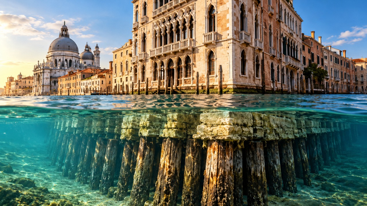 Erguido sobre milhares de pilares de madeira em uma lagoa, Veneza desenvolveu palácios de pedra, canais e fundações adaptadas a um terreno instável, criando uma estrutura urbana que atravessou séculos e continua enfrentando o desafio de conservar seus edifícios diante da elevação do nível do mar