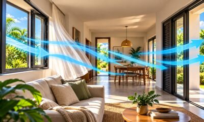 Casas com ventilação cruzada conseguem aproveitar melhor a circulação natural do ar, e o posicionamento de portas e janelas pode fazer uma diferença que começa no projeto