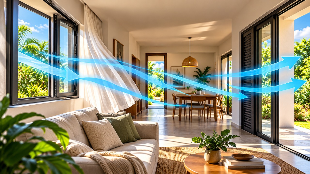 Casas com ventilação cruzada conseguem aproveitar melhor a circulação natural do ar, e o posicionamento de portas e janelas pode fazer uma diferença que começa no projeto