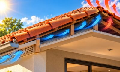 algumas casas utilizam telhados ventilados com uma camada de ar entre as telhas e o forro para reduzir o calor dentro dos cômodos